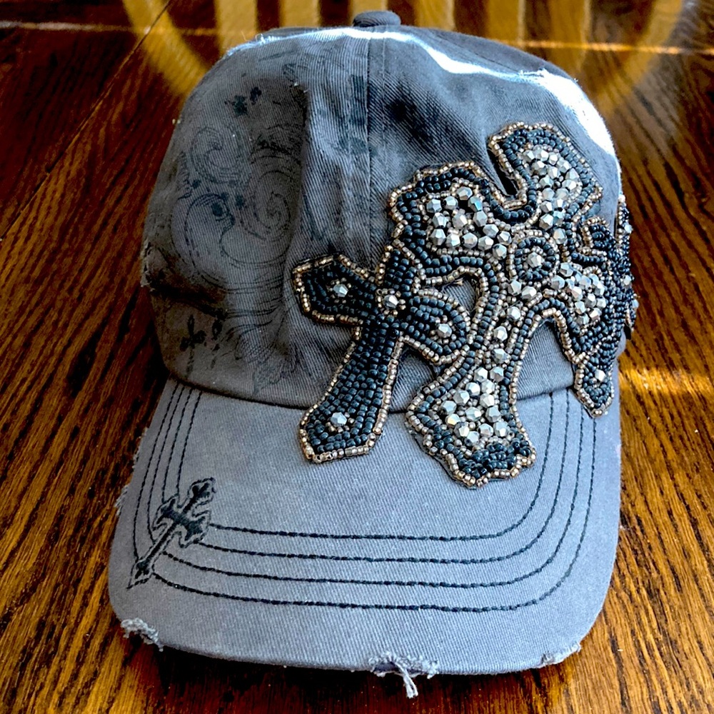 Vintage, distressed beaded cross ball cap.